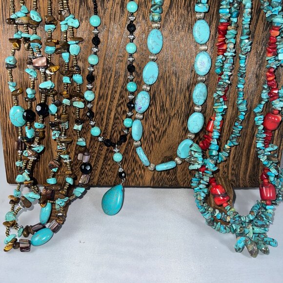 Vintage Turquoise & Coral Beaded Necklace Set - Picture 2 of 6